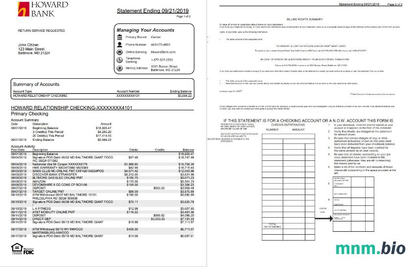 USA Maryland Howard osobisty szablon wyciągu bankowego, Excel i Format PDF (.xls i ) (4 strony)